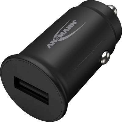 USB car charger in black with two ports, manufacturer name on the side.
