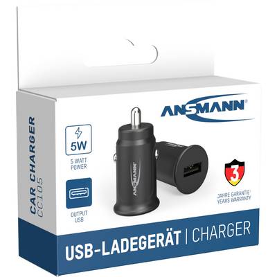 Black USB charger by Ansmann in packaging, 5 Watts power, 3-year warranty, suitable for automotive accessories with USB output.