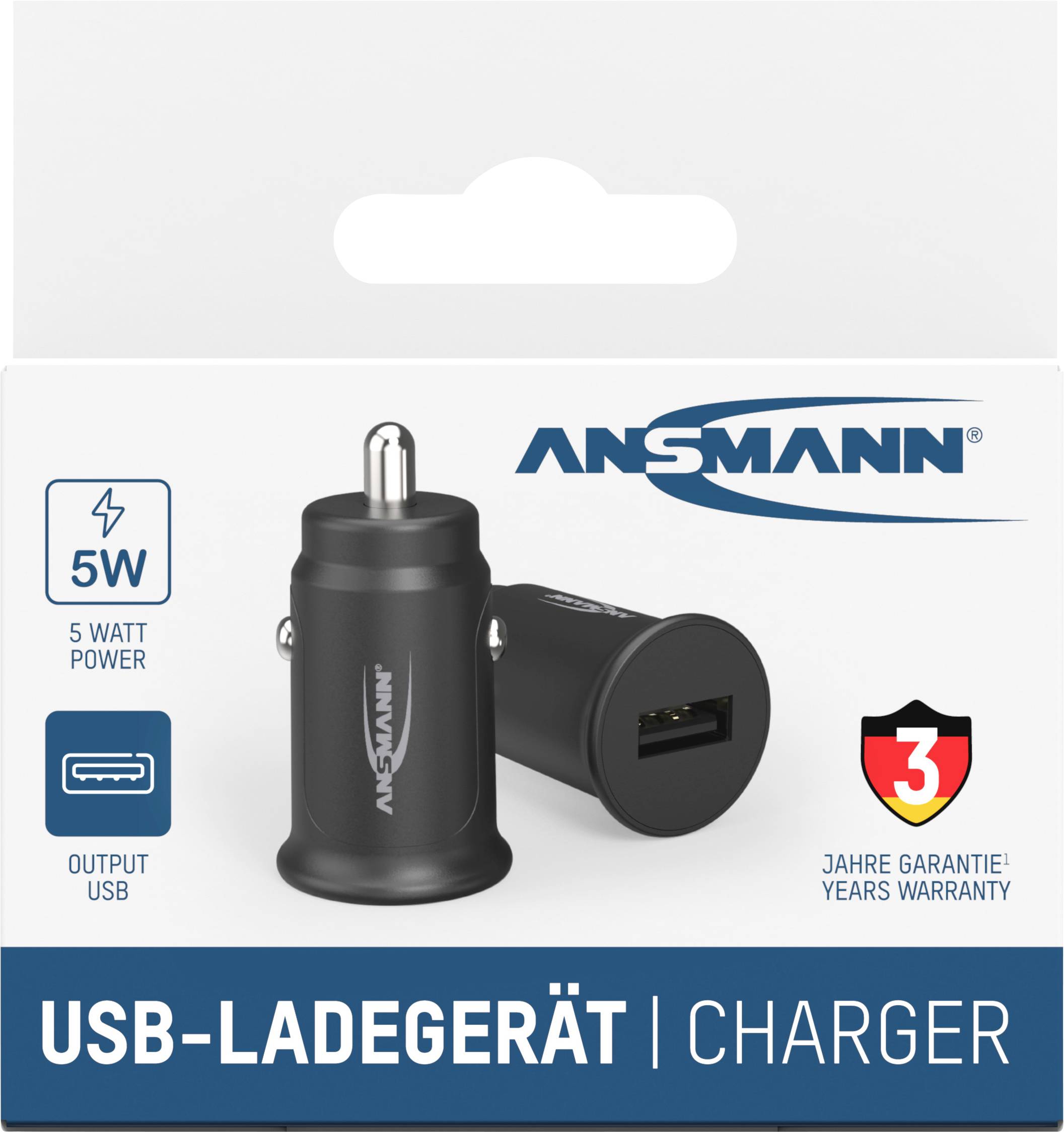 'ANSMANN USB Charger', 5 Watts, USB Output, 3 Year Warranty. Black charger, packaging with brand logo and technical specifications.
