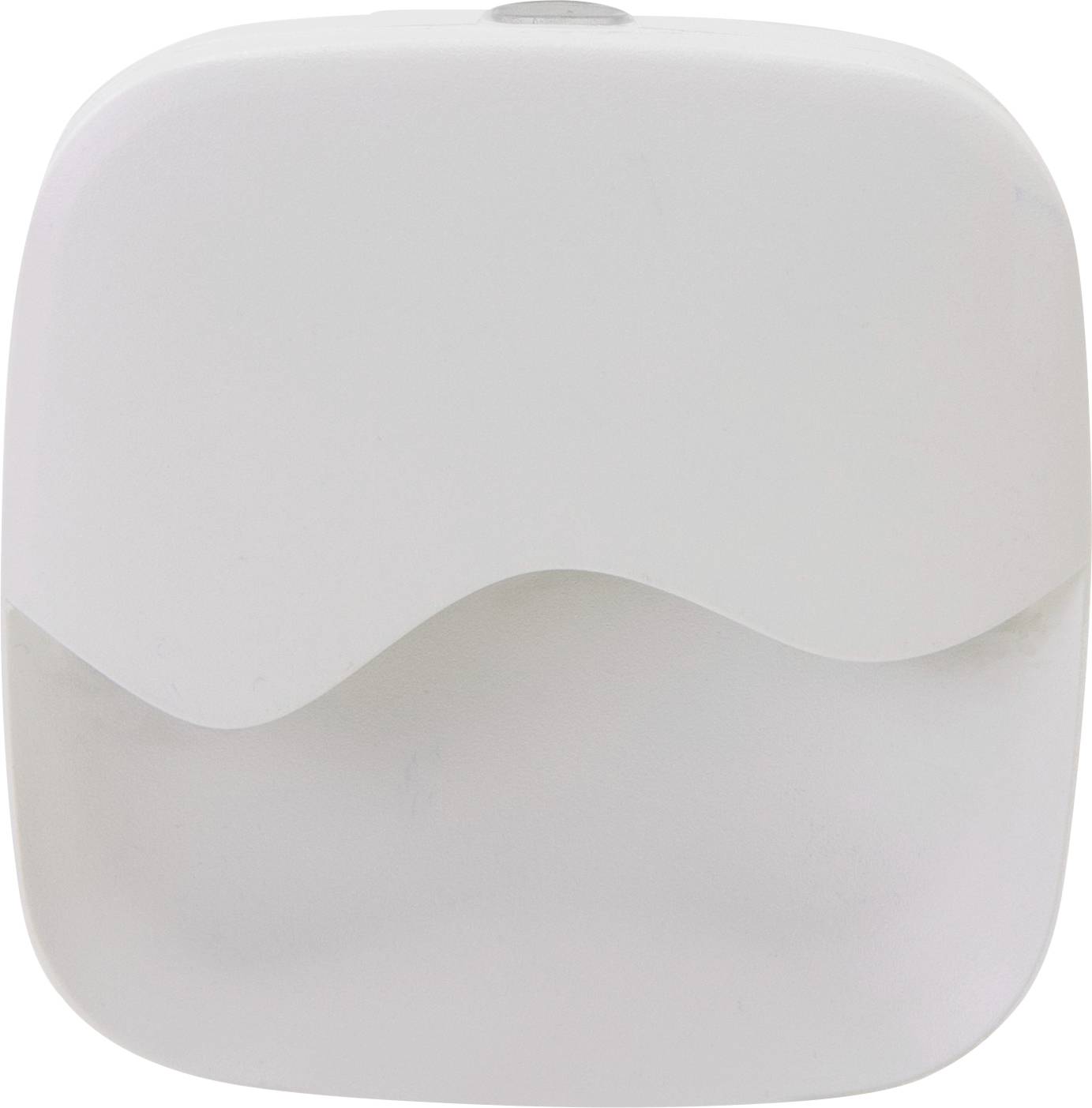 White, artfully curved plastic device, presumably a soap dispenser or air freshener, with a simple, modern design.