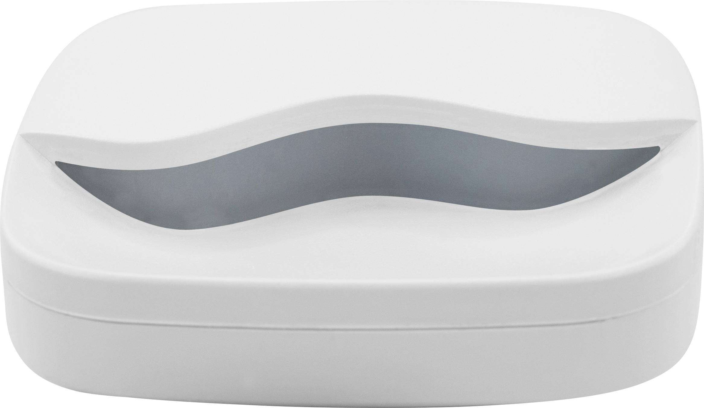 A white square box with a wavy, open slit at the top, suitable for storing small items.