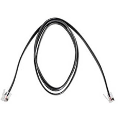 A black telephone cable with two RJ11 plugs at the ends is lying in an oval shape.