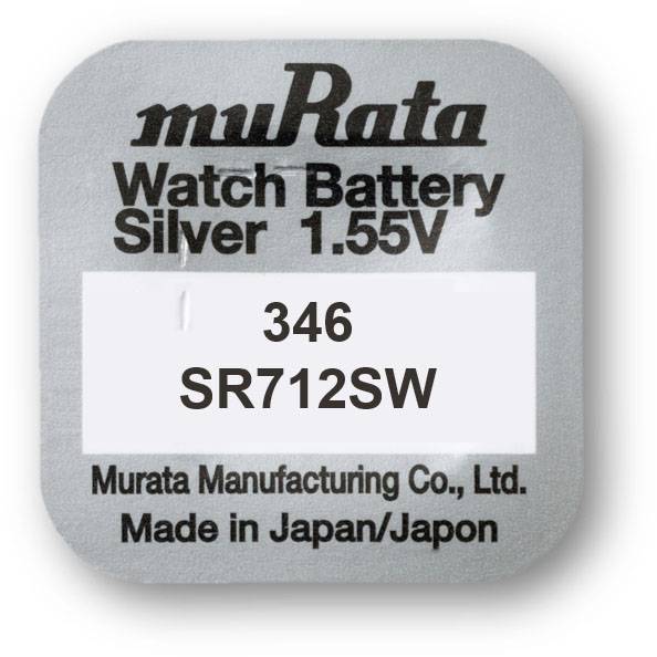 A silver oxygen button cell battery (1.55V) by Murata, model SR712SW, manufactured in Japan by Murata Manufacturing Co., Ltd.