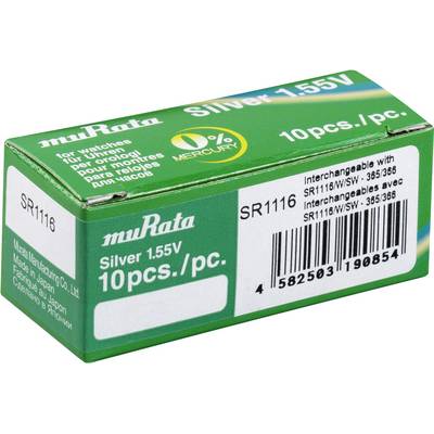 Green packaging with silver oxide button cells, 1.55 V, pack of 10. Brand name 'muRata'. Text in multiple languages, mercury-free.