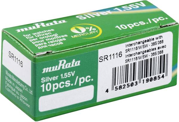 Murata Button cell 366 1.55 V 10 pc(s) 30 mAh Silver oxide SR1116-PBWW