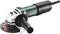 A green and black angle grinder with a Metabo logo, fitted with a grinding disc attachment and handle.