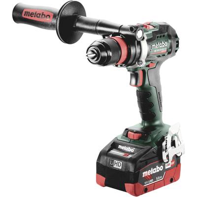 A Metabo cordless drill driver, 18V LTX model, with handle and battery. It is coloured in black, red, and green, suitable for construction work.