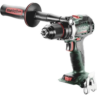 Cordless drill with a black and green casing, red handle, and Metabo logo. It stands for powerful DIY work.