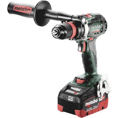 Cordless hand drill in green, red, and black, with a side grip and Metabo logo, suitable for DIY projects.