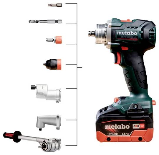 'Image of a Metabo 18V LTX impact wrench with various attachments, including drills, sockets, and connectors, showcasing its versatility.'