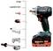 'Image of a Metabo 18V LTX impact wrench with various attachments, including drills, sockets, and connectors, showcasing its versatility.'
