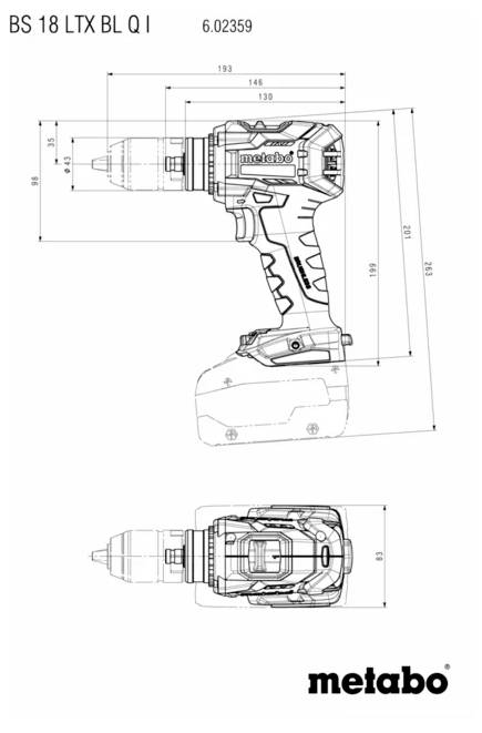 'Metabo BS 18 LTX BL Q I' technical drawing; side and top views with dimensions in millimeters; includes drill contours and details.