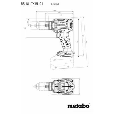 'Metabo BS 18 LTX BL Q I' technical drawing; side and top views with dimensions in millimeters; includes drill contours and details.