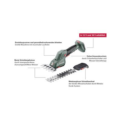 'Metabo GS 18 LTX C' Cordless Grass Shears with ergonomic design, quick blade changing mechanism, and diamond-ground blade for precise cutting.