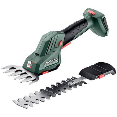 Cordless Metabo garden shear with interchangeable grass and shrub cutting blades<br>