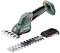 A cordless garden tool with two interchangeable blades: one for lawn edging and one for hedges. It is green and black.
