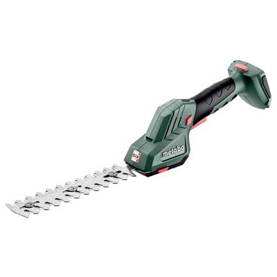 Green and black handheld electric hedge trimmer with a silver blade showing the brand name 'metabo' on the side.