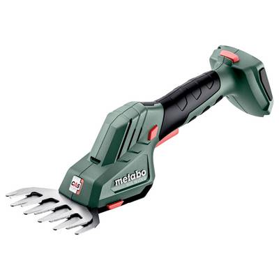 A green handheld cordless lawn trimmer with a black handle and silver blade attachment, suitable for precise grass cutting tasks.