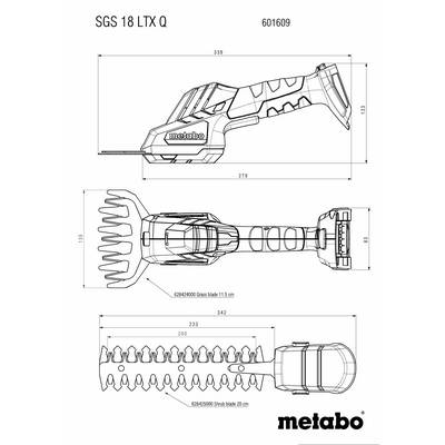 Hand sketch of a battery-powered garden tool 'Metabo SGS 18 LTX Q' with various blade options, including dimensions.