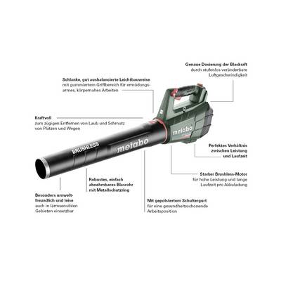A portable leaf blower with an ergonomic handle and various performance features, including powerful brushless motor technology.