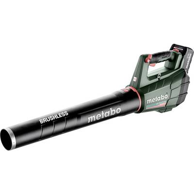 Metabo brushless cordless leaf blower with long black nozzle and green handle on a white background.