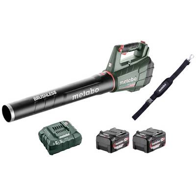 Metabo leaf blower set with batteries, charger and carrying strap.