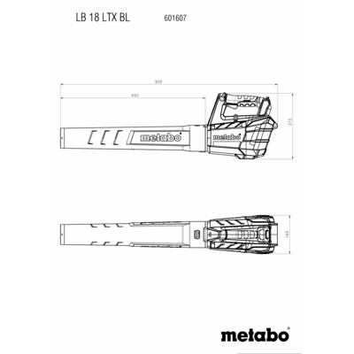 Technical drawing of a Metabo Cordless Leaf Blower LB 18 LTX BL. Top view side elevation with dimensions, bottom view from above.