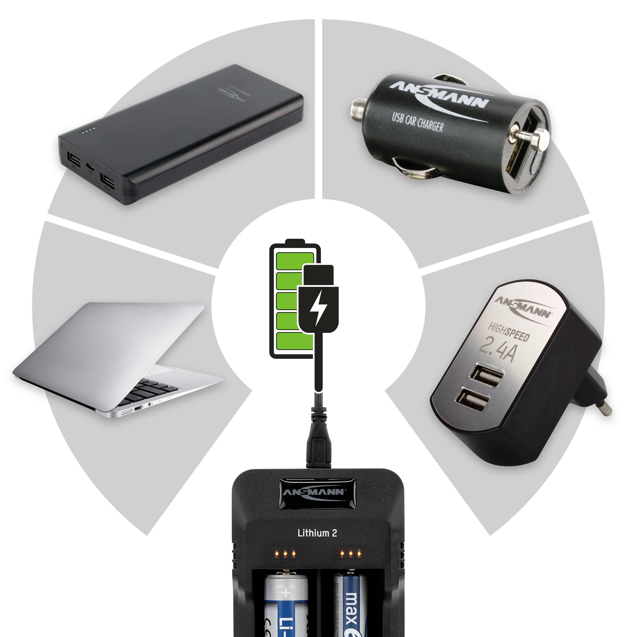 'Four symbols with text: Single cell monitoring, Charge status indicator, Automatic shutdown, Reverse polarity protection.'