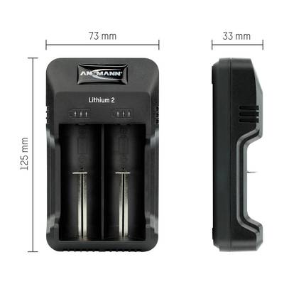 'Lithium 2' Charger, front and side view. Size: 125 x 73 x 33 mm. Battery compartment for two cells. Brand name visible.