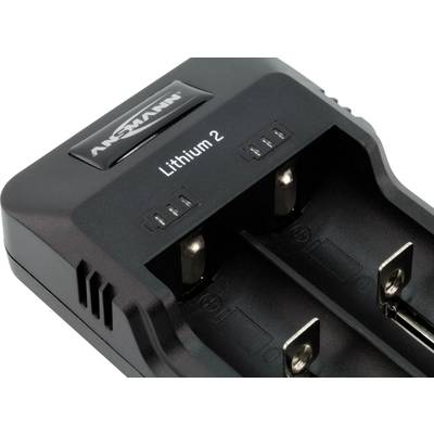 Two-slot lithium-ion battery charger, compatible with Ansmann batteries. Displays charging status with LED indicator.