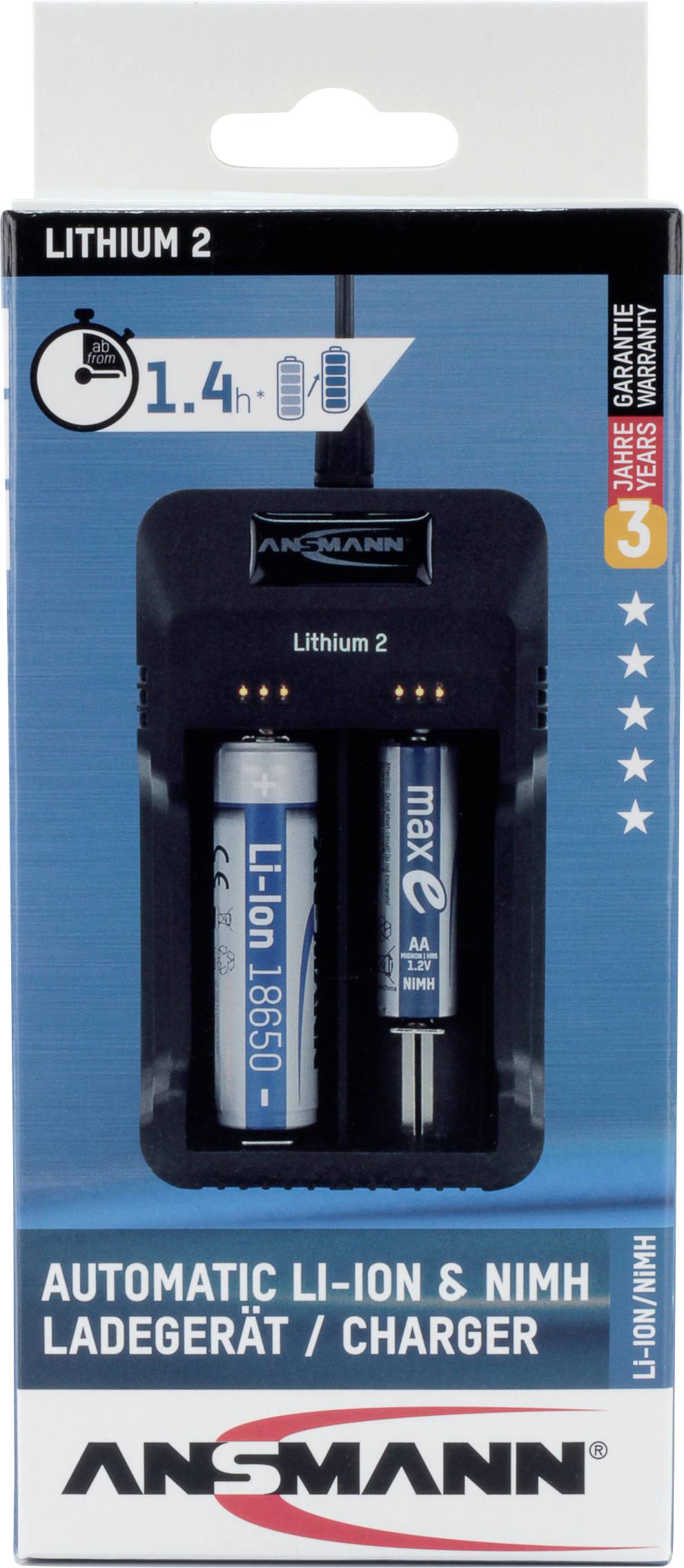 Packaging of an Ansmann battery charger with two rechargeable batteries. Label reads: 'Automatic Li-Ion & NiMH Charger'.