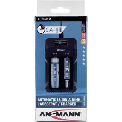 Packaging of an Ansmann battery charger with two rechargeable batteries. Label reads: 'Automatic Li-Ion & NiMH Charger'.
