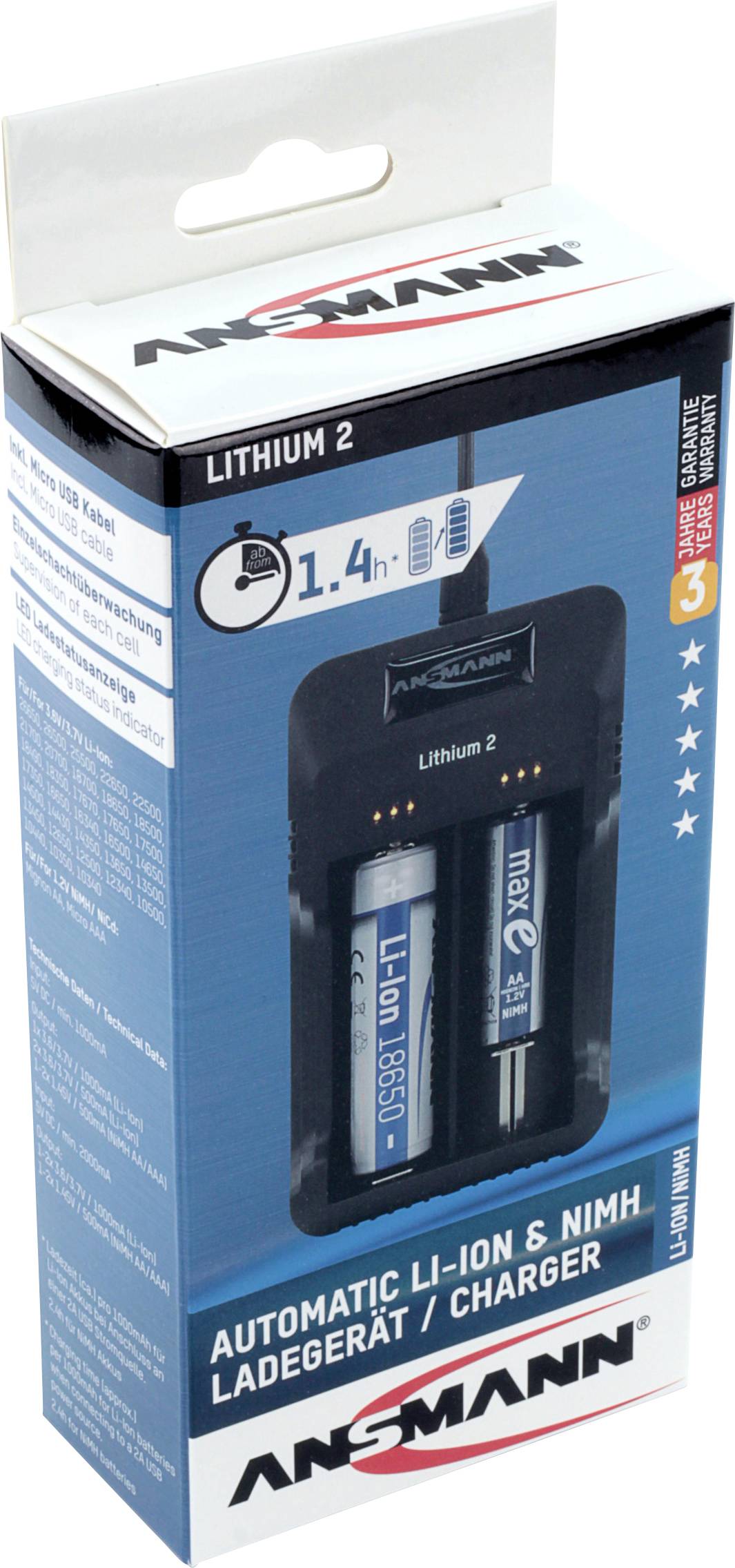 'Ansmann Lithium 2 Charger' on packaging. Suitable for automatic Li-Ion and NiMH batteries. Charging in approximately 1.4 hours.