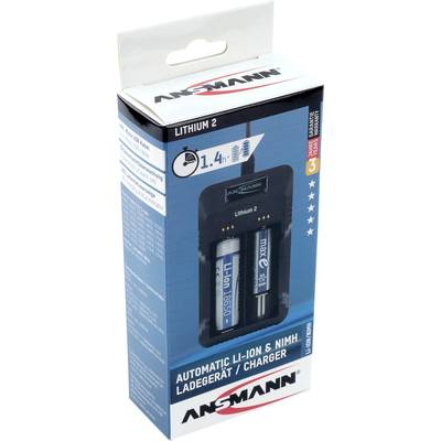 'Ansmann Lithium 2 Charger' on packaging. Suitable for automatic Li-Ion and NiMH batteries. Charging in approximately 1.4 hours.