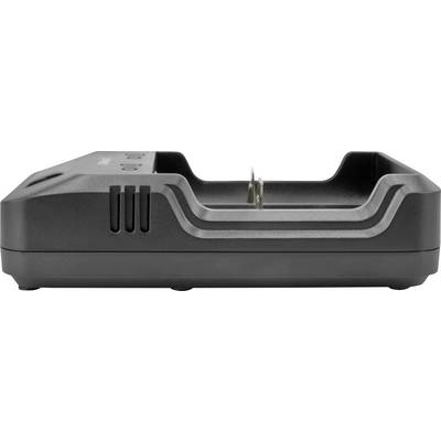 Black plastic battery charger with two slots, side view.