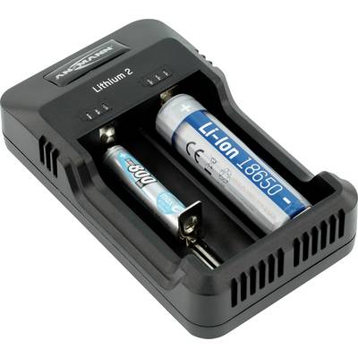A charger with two slots that charges an AA battery and an 18650 lithium-ion battery.
