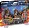 Three Playmobil knight figures in armour with shields and swords in a colourful package. Suitable for children aged 4 and over.