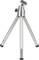 A silver, folding tripod with three extendable legs and an adjustable head for cameras or devices.