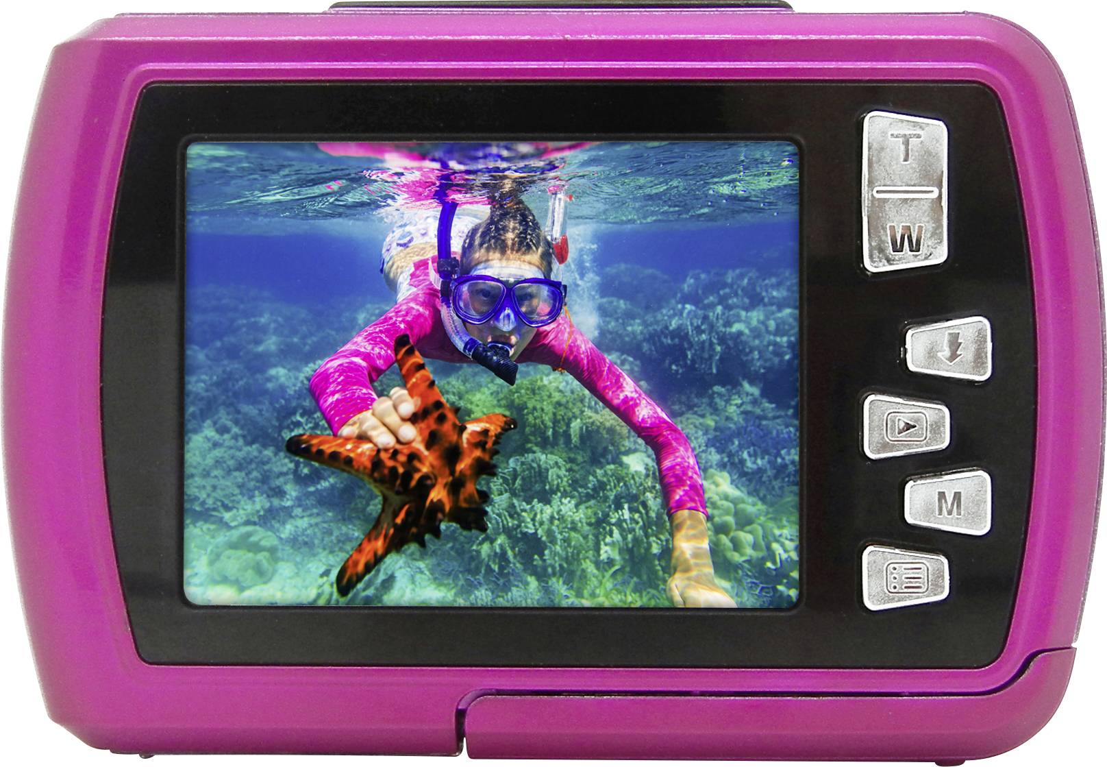A child is diving in the sea and holding a starfish. The image is displayed on the screen of a pink camera.