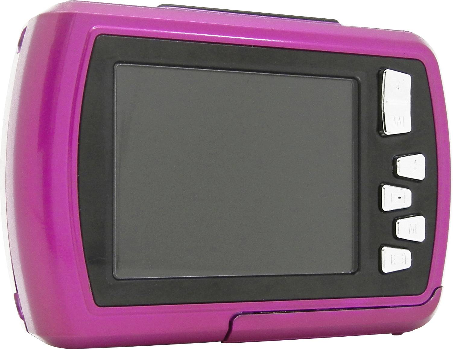 A pink portable electronic device with a screen and four white buttons on the right-hand side.