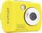 Yellow, waterproof digital camera by Aquapix, model W2024-Y, with a round lens and flash located to the right of the lens.