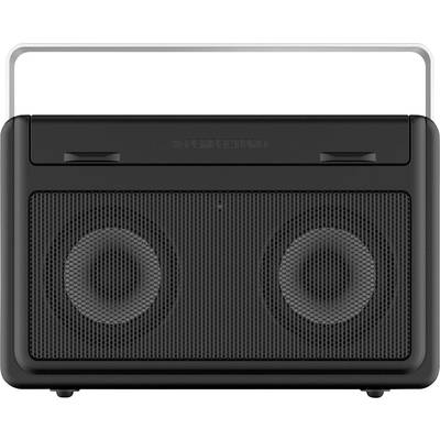 A portable, black radio with two speakers and a silver carry handle, suitable for playing music while on the move.