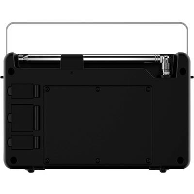 Black portable radio receiver with telescopic antenna on top; back view shows battery compartment and connection sockets.