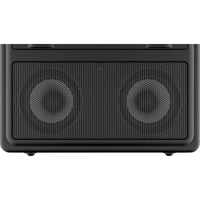 Close-up of a speaker with two visible rings behind a black, mesh-like casing.