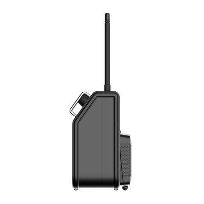 Side view of a black suitcase with an extending handle and built-in wheels, suitable for travelling.