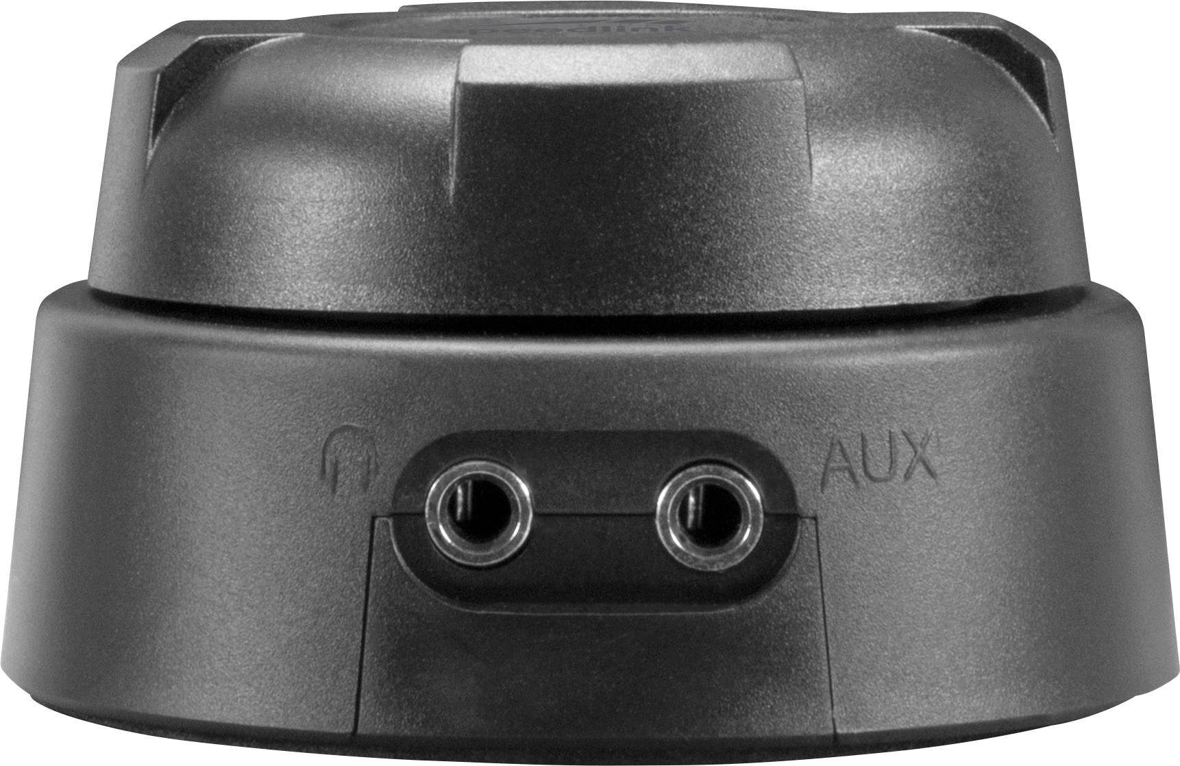 'A black socket with two round inputs, labelled 'AUX' and 'M'.'