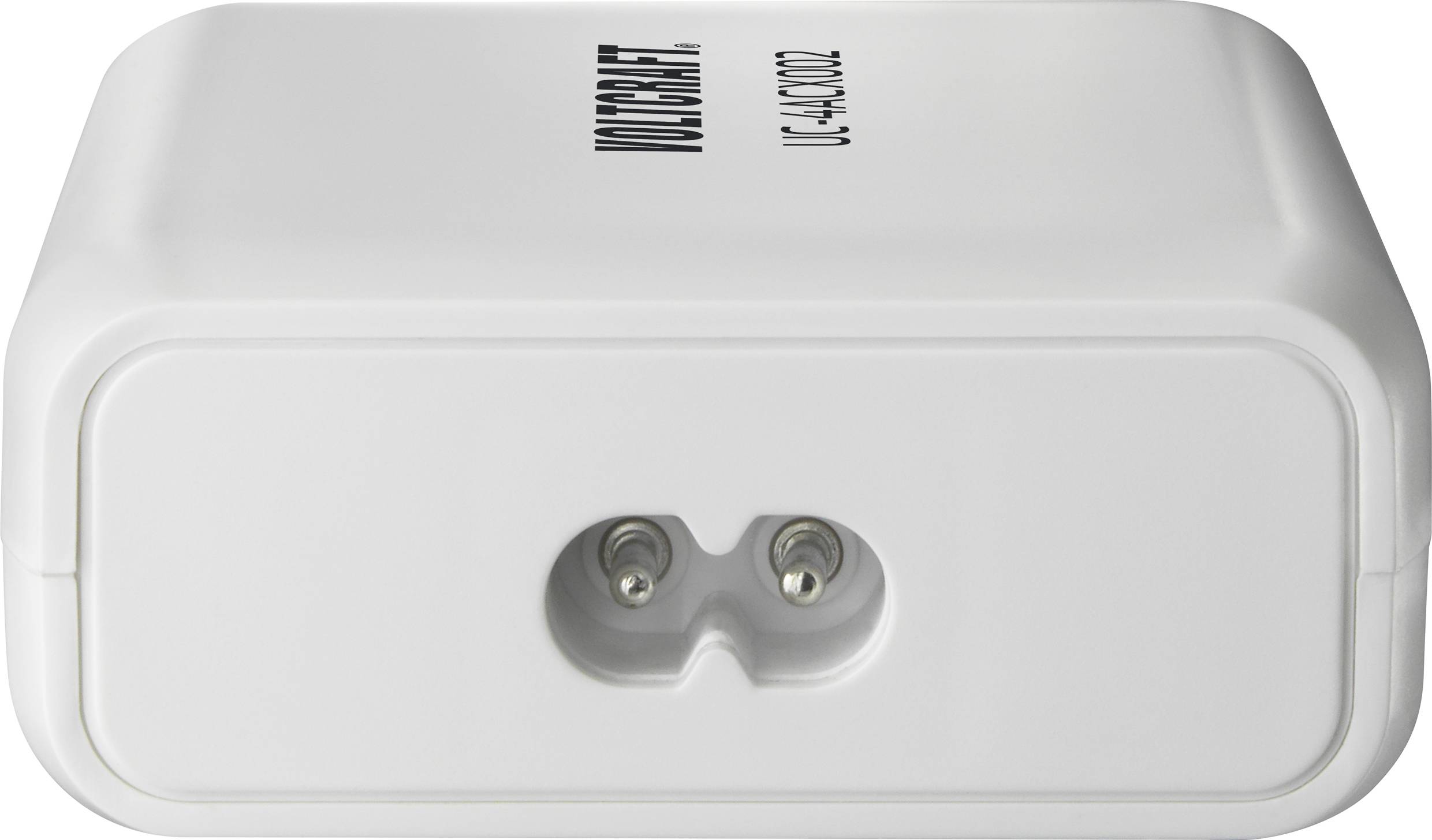 White charger with two metal contacts on the front and the inscription 'Voltcraft' at the top.