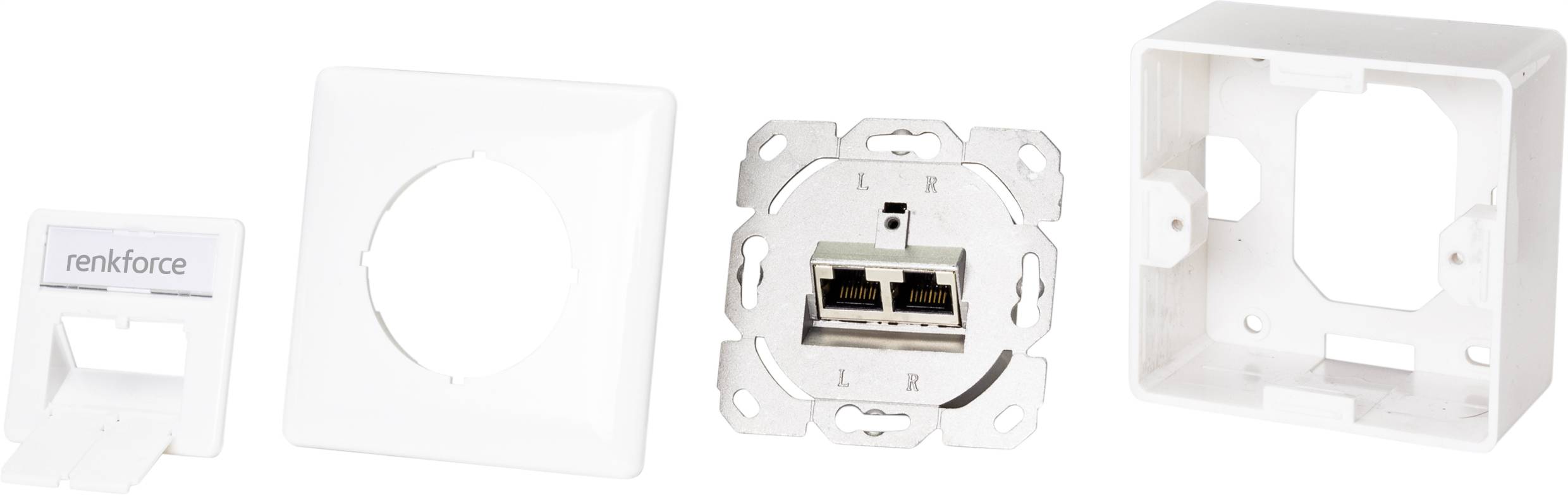 Four components of a network wall socket: front cover, mounting plate with two Ethernet ports, frame and housing.