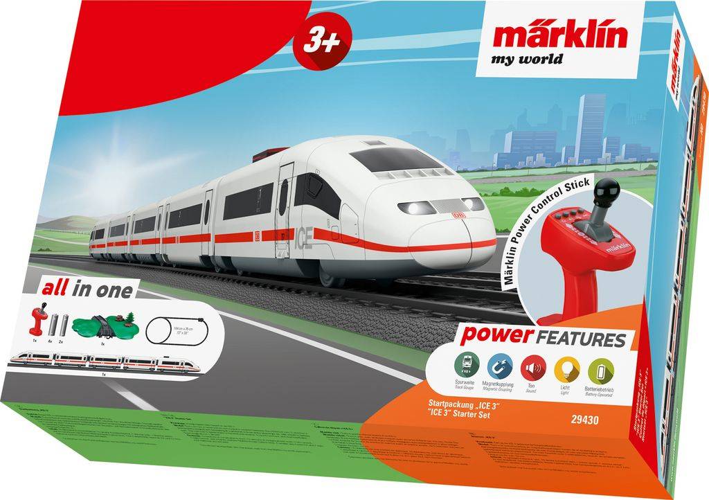 Märklin toy train set, suitable for children aged 3 and above. Includes locomotive and controller. Pictured: modern white and red train.