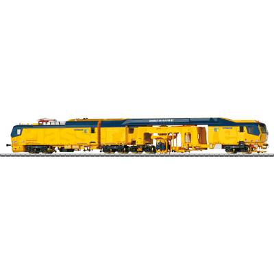 Yellow specialist train on tracks, labelled 'Space Star 485 XT', equipped with devices for maintenance or construction work on railways.